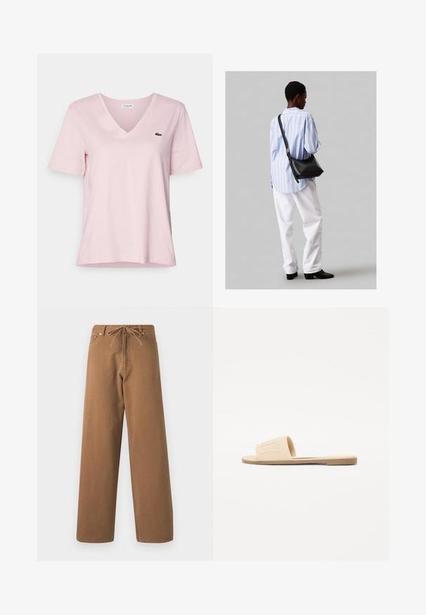 Světle růžové bavlněné tričko s výstřihem do V a krátkými rukávy, na levé části hrudníku má malé zelené vyšívané logo krokodýla.; Hnědé kalhoty s širokými nohavicemi vyrobené z bavlny, s elastickým pasem na šňůrku a dvěma předními kapsami. Texturovaná tkanina se hladkým povrchem.; Beige skluzavé sandály s širokým páskem s vyšitým logem. Plná podrážka a hladký povrch, navrženy pro příležitostné nošení.; Černá kožená kabelka přes rameno s jemnou texturou, trojúhelníkovým tvarem a nastavitelným popruhem, v kombinaci se světle modrou pruhovanou košilí a bílými kalhotami.