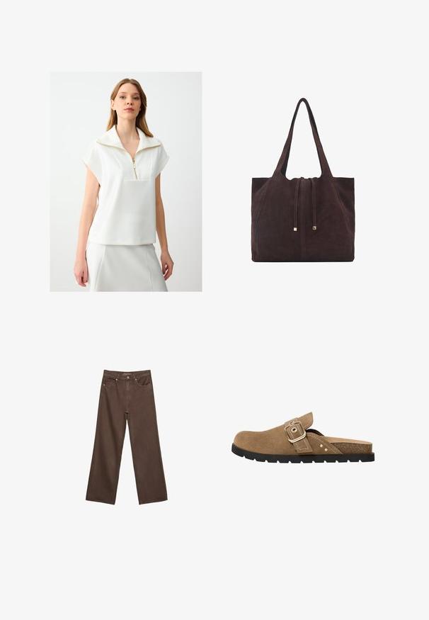 Witte zip-neck top met korte mouwen, met een gestructureerde silhouet en een gouden ritsdetail. Gladde textuur, minimalistisch ontwerp.; Brede bruine spijkerbroek van denim, met een hoge taille, voorzakken en een klassieke knoopsluiting. Soepele textuur met subtiele stiksels.; Bruine suède instapsandalen met een ronde neus, verstelbare gesp en een textuur in de binnenzool. Heeft een zwarte rubberen zool met ribbels.; Mango Shopper - dark brown