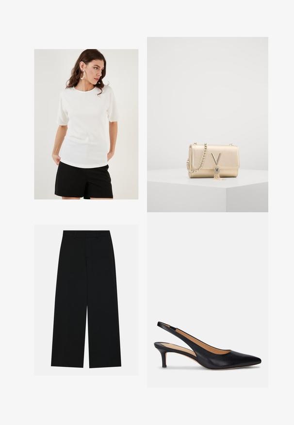 Vit topp med kort ärm och texturerad tyg, med rund halsringning och avslappnad passform, kombinerad med svarta shorts.; Svart axelbandslös topp med en volangig genomskinlig överdel längs halsringningen, tillverkad av lätt tyg med en slät yta.; Breda svarta byxor i ett mjukt tyg. Har en platt midja med bälteshällor och inga synliga fickor. Enkelt design.; Svart läder slingback pumpsko med spetsig tå, låg kittenklack och slät yta. Har en öppen bakdesign och minimala sömnadsdetaljer.; Guldmetallhandväska med en texturerad yta, med en kedjesnodd och ett V-format spänne med fransdetalj. Kompakt rektangulär form.