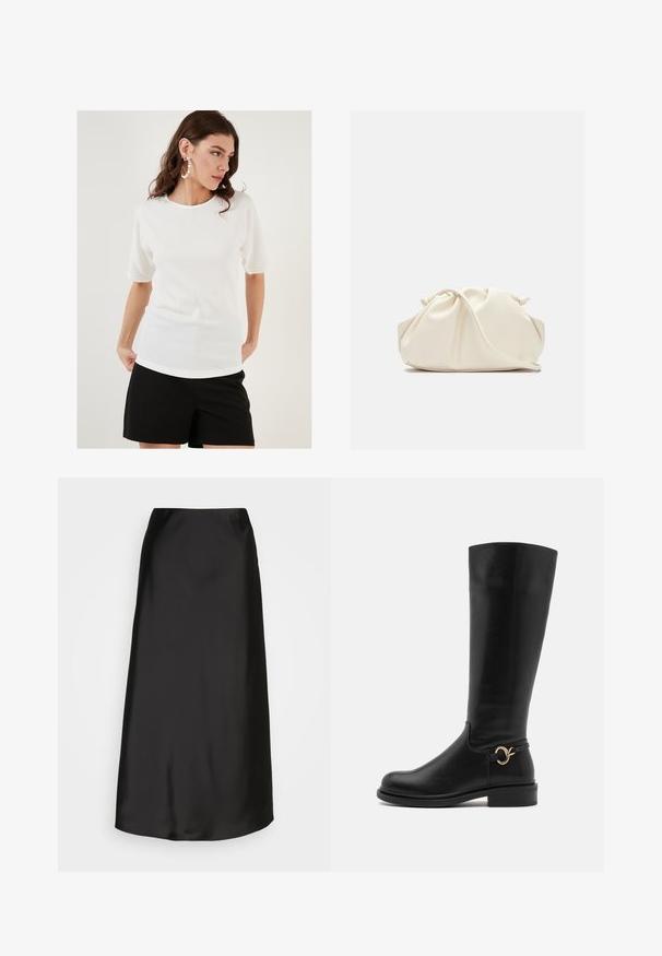 Biela krátka blúzka s textúrovanou tkaninou, s okrúhlym výstrihom a voľným strihom, v kombinácii s čiernymi šortkami.; Čierna saténová midi sukňa so hladkou textúrou, do tvaru A a s jemným leskom. Má elegantný, jednoduchý dizajn bez ozdôb.; Anna Field Wide Fit Čižmy - black; Krémová, mäkká taška z umelého kože s nariaseným dizajnom, nastaviteľným popruhom a jemným šnurovaním. Hladký povrch a zaoblený tvar.