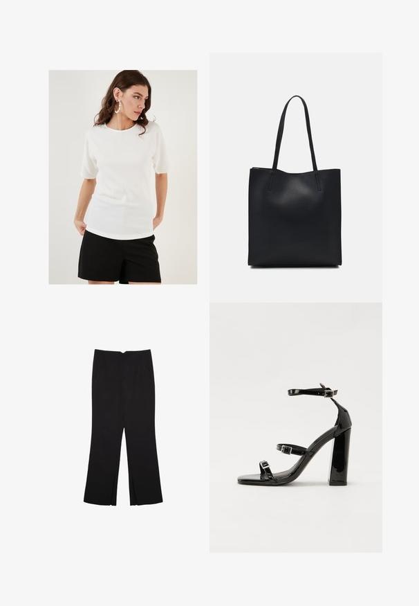 Haut blanc à manches courtes avec un tissu texturé, doté d'un col rond et d'une coupe décontractée, associé à un short noir.; Pantalon noir avec une coupe droite, doté de poches avant et d'éclairs sur l'ourlet. Fabriqué en tissu doux et lisse. Convient à diverses occasions.; Sandales à talons vernies noires avec un bout carré, des sangles autour de la cheville et des boucles en argent. Dotées d'un talon bloc épais pour plus de stabilité.; Sac fourre-tout en cuir noir avec une texture lisse, de forme rectangulaire et deux longues poignées. Pas de matériel ou d'ornementations visibles.