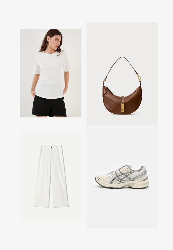 Bílý krátký rukávový top s texturovanou tkaninou, s kulatým výstřihem a volným střihem, doplněný černými šortkami.; Bílé široké kalhoty vyrobené z hladké tkaniny, se zapínáním na přední knoflík a sklady. Hladký přední design, žádné viditelné kapsy.; Běžecké boty s prodyšným bílým síťovinovým svrškem, stříbrnými detaily, šedými tkaničkami a odolnou černou gumovou podrážkou. Lehký, polstrovaný design.; Hnědá kožená taška přes rameno se zakřiveným tvarem, zlatými kovovými doplňky, detaily s vrchním zámkem a akcentem loga. Hladký povrch s prošívanými okraji.