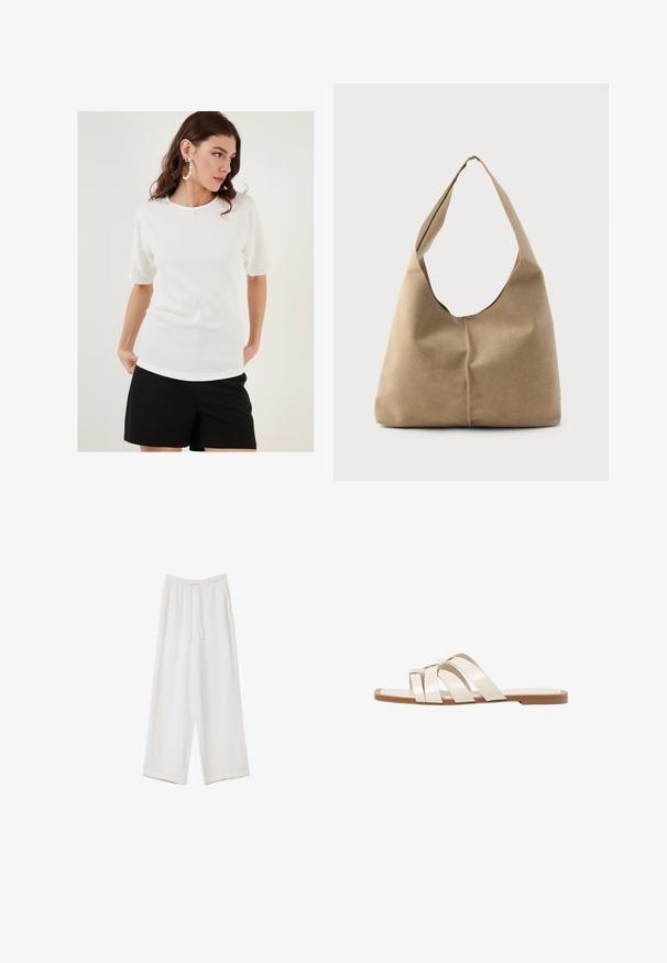 Weißes Kurzarmoberteil aus strukturiertem Stoff, mit Rundhalsausschnitt und lockerer Passform, kombiniert mit schwarzen Shorts.; Weiße weit geschnittene Hose aus leichtem Stoff. Mit einem elastischen Bund und Kordelzug sowie Seitentaschen. Glatte Textur.; Flache Sandalen mit einer honigfarbenen Gummisohle, gestaltet mit drei überlappenden weißen Lederriemen und einem kleinen Schleifendetail in der Mitte.; Hobo-Tasche aus weichem beigen Wildleder mit einer lässigen Form, breitem Schulterriemen und einer handgestickten Nahtdetail entlang der Vorderseite.