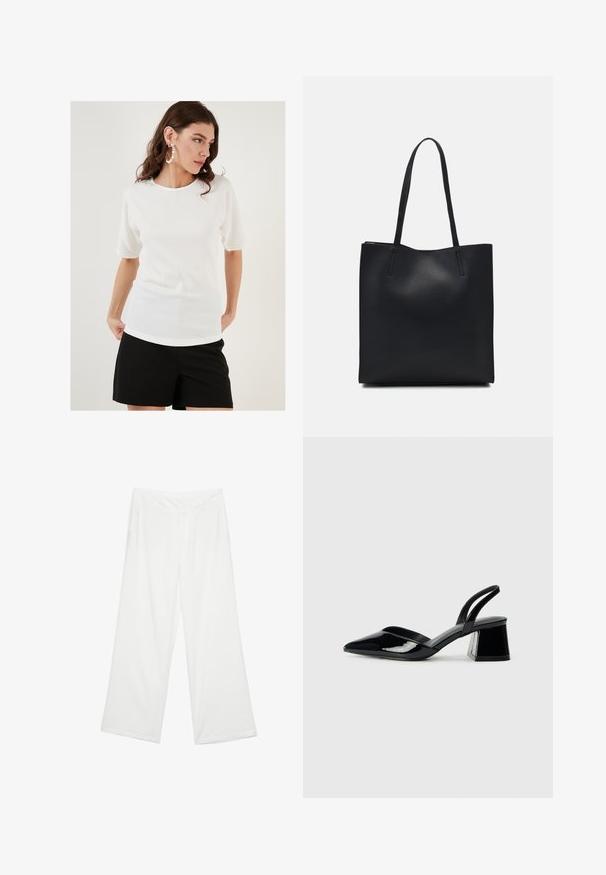 Hvid kortærmet top med et struktureret stof, der har en rund halsudskæring og en afslappet pasform, parret med sorte shorts.; Vide bukser i hvidt stof med en glat tekstur, frontlommer og en klassisk talje med bæltestropper.; Sorte patentlæder slingback hæle med spids tå og en geometrisk blok hæl. Har et elegant, minimalistisk design og en glat tekstur.; Sort læder tote taske med glat tekstur, rektangulær form og to lange hanke. Ingen synlig hardware eller udsmykninger.