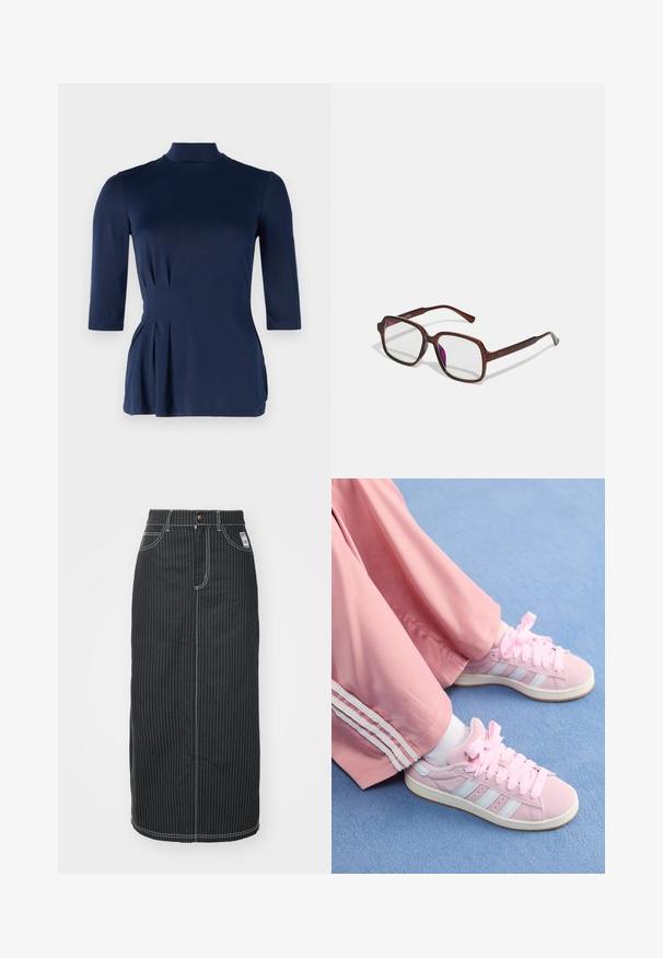 Donkerblauwe top met een hoge hals en driekwartmouwen. Beschikt over zijplooidetails en een gladde, rekbare stoftextuur.; Zwarte denim midi-rok met witte verticale strepen. Heeft een knoop taille, twee voorzakken en contrasterende stiksels. Rechte snit.; Roze sportieve schoenen met lichtblauwe strepen, ronde neuzen en dikke roze veters, gecombineerd met roze trainingsbroeken met witte zijstrepen.; Bruine, rechthoekige bril met transparante glazen en paarse tinten. Glad kunststof montuur met rechte pootjes en subtiele accenten.
