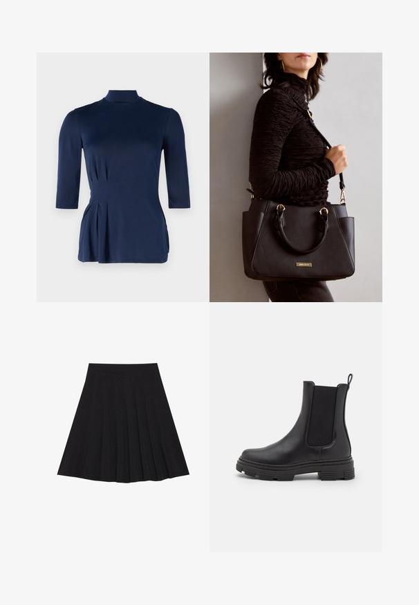 Tume sinine topp kõrge kaelusega ja kolmandiku pikkusega varrukatega. Omab külgpleite detaile ja sujuvat, elastset kangasteksti.; Must mustriga seelik, millel on tekstureeritud kangas ja kitsas vöökoht. Ulatuv põlveni, omadab sujuvat ja lõputut siluetti.; Must mustelaste kodukinga, millel on elastsed külgpaneelid, ümar varvas ja tekstuuriga kummist välistald. Tagaküljel on mugavuse huvides aas.; Musthave must kott, millel on tekstuurne pind, kaks ülemist käepidet ja reguleeritav õlarihm. Omab kuldse tooni riistu ja külgtaskuid.