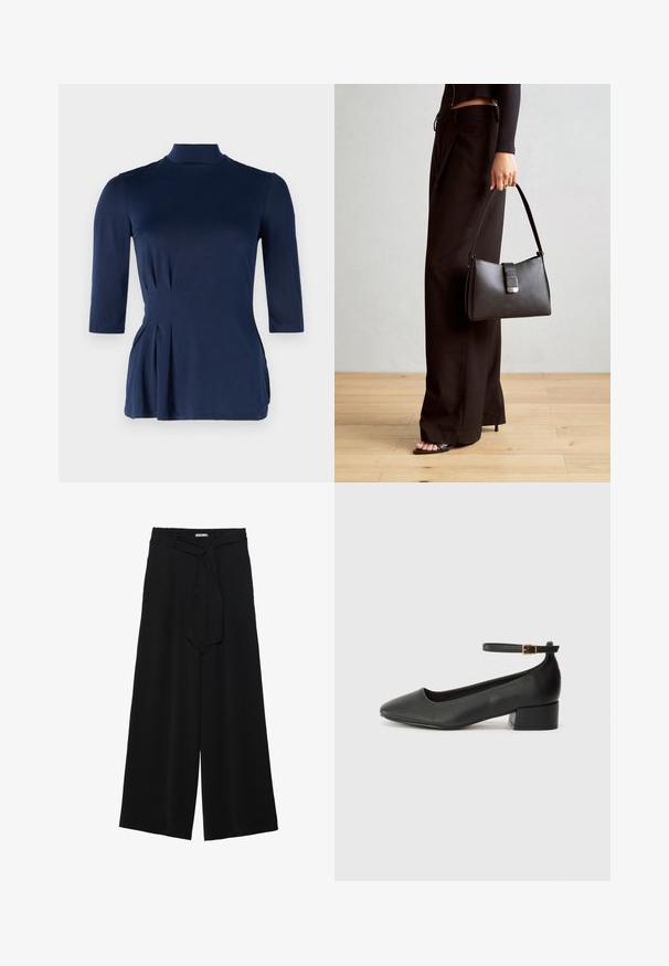 Tamsiai mėlynas viršus su aukštu kaklu ir trimis ketvirčiais rankovėmis. Yra šoninių raukšlių detalės ir lygus, tamprus audinio tekstūra.; Juoda plačių kojų kelnės, pagamintos iš tekstūruoto audinio, su elastingu juosmeniu ir atsegamu diržu juosmenyje, leidžiančiu reguliuoti dydį.; Juodas odinis aukštakulnis batelis su smailiu pirštu ir žemu bloku. Su kulkšnies dirželiu su auksinės spalvos sagtimi. Lygus paviršius.; Juodas rankinė struktūrizuota forma, lygi tekstūra ir metalinis užsegimas. Suporuota su plačiomis juodomis kelnėmis ir atvirais bateliais ant medinių grindų.