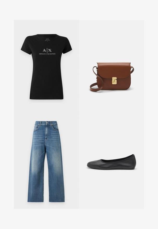 Mustapaitainen puuvillapaita, jossa on pyöreä kaula-aukko ja lyhyet hihat. Etupuolella on metallinen valkoinen logo "A|X ARMANI EXCHANGE".; Korkeavyötäröiset, leveälahkeiset farkut sinisestä denimistä, jossa on kulutettu pinta. Ominaisuuksiin kuuluvat etutaskut ja yksittäinen napin sulku.; Musta nahkainen ballerina, jossa on pyöristetty kärki, sileä pinta, minimaalinen ommelkoristelu ja joustava pohjamuotoilu.; Ruskea nahkainen käsilaukku, jossa on läppäkiinnitys, kultasävyiset yksityiskohdat, olkahihna ja sileä pinta. Kompaktin suorakaiteen muotoinen.