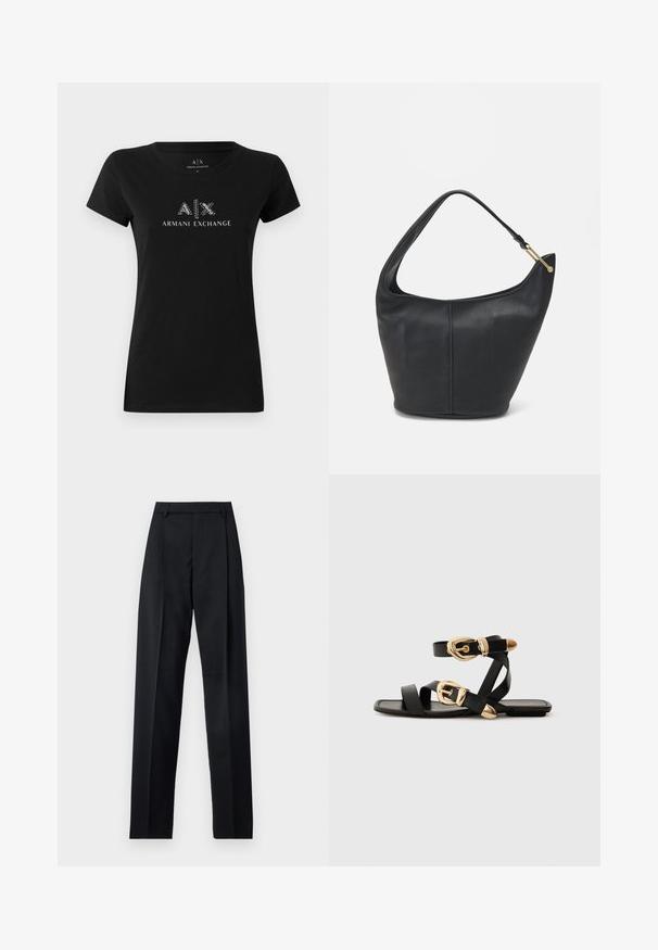 Mustapaitainen puuvillapaita, jossa on pyöreä kaula-aukko ja lyhyet hihat. Etupuolella on metallinen valkoinen logo "A|X ARMANI EXCHANGE".; Musta housut, jotka on valmistettu sileästä kankaasta ja joissa on korkea vyötärö, leveät lahkeet, etukaarteet ja klassiset vyölenkit. Ei näkyviä sivutaskuja.; Mustat nahkakengät kultaisilla solkiyksityiskohdilla, joissa on useita hihnoja ja litteä pohjarakenteinen muotoilu avonaisille varpaille.; Mustan nahkainen käsilaukku, jossa on pyöreä muoto, leveä olkahihna ja teksturoitu pinta. Sisältää hienovaraisia saumaräätelyjä ja kultasävytteisen varusteen.