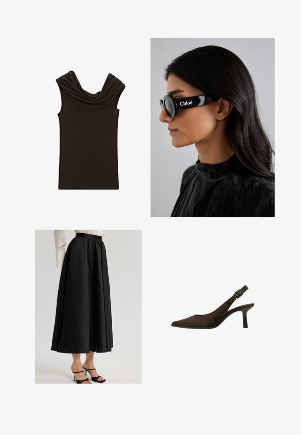 Dark brown sleeveless top with a draped cowl neckline and smooth texture, designed with a fitted shape and minimalistic style.; Black maxi skirt made of smooth fabric, featuring a gathered waistband and flowing design, paired with black strappy heels.; Brown suede slingback pump with a pointed toe, sleek design, thin heel, and a buckle accent on the ankle strap.; Black sunglasses with round lenses and bold, angular frames featuring the brand "Chloé" in white on the side. Smooth, glossy finish.; Brown textured leather handbag with gold-tone hardware, top handle, and detachable shoulder strap. Features a front flap and logo detail.; Gold-tone rectangular wristwatch with a white dial, silver-tone hour markers, and a durable metal link bracelet. Water-resistant feature included.