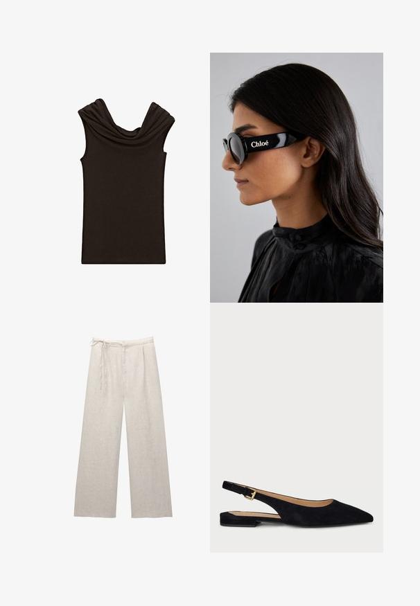 Dark brown sleeveless top with a draped cowl neckline and smooth texture, designed with a fitted shape and minimalistic style.; Light beige linen wide-leg pants with a high waist, pleats, and adjustable drawstring. Smooth texture and clean lines enhance the design.; Black suede slingback flats with pointed toe, minimalistic design, gold hardware buckle, and a low heel. Smooth texture and elegant silhouette.; Black sunglasses with round lenses and bold, angular frames featuring the brand "Chloé" in white on the side. Smooth, glossy finish.