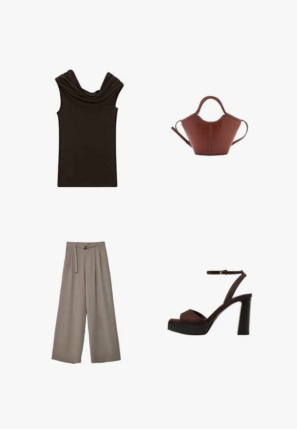 Ciemnobrązowy top bez rękawów z drapowaną szyją i gładką fakturą, zaprojektowany w dopasowanym kroju i minimalistycznym stylu.; Spodnie o szerokich nogawkach w miękkim, stonowanym szarym materiale, z paskiem w talii i plisami dla dodania detali projektowych. Gładka tekstura, bez wzorów.; Brązowe zamszowe sandały na wysokim obcasie z odkrytymi palcami, regulowanym paskiem na kostce i paskowatą podeszwą.; Brązowa skórzana torba o stożkowatym kształcie, mocne uchwyty i kontrastowe białe przeszycia. W zestawie odpinany pasek na ramię, co daje możliwość różnorodnego noszenia.
