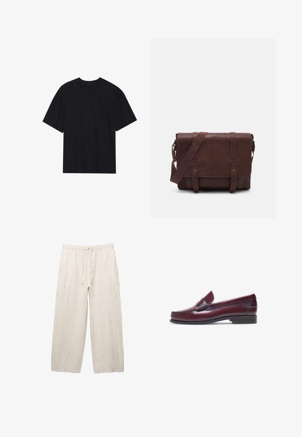 T-shirt nera a maniche corte con una sottile trama a righe, vestibilità rilassata e scollatura a girocollo. Materiale morbido senza loghi visibili.; Pantaloni in lino di colore beige chiaro, con una vita elastica e cordoncino, design a gamba larga e tasche laterali. Texture liscia.; Mocassino in pelle bordeaux con punta tonda, dettagli cuciti e un piccolo accentu decorativo sulla tomaia. Suola piatta in contrasto.; Borsa a tracolla in pelle marrone con un davanti piatto, due cinghie, dettagli in metallo dorato e una tracolla regolabile.
