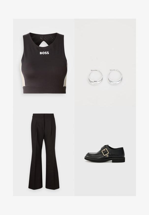 Černý sportovní crop top s klíčovým výstřihem na zádech, s bílým nápisem "BOSS" a béžovými bočními akcenty. Vyrobeno z elastického, hladkého materiálu.; Černé roztřepené kalhoty s hladkým povrchem, charakterizované vysokým pasem, bočními kapsami a předními sklady pro zvýraznění designu.; Černá kožená bota s kulatou špičkou, opatřená zlatou sponou a plochou gumovou podrážkou. Hladký povrch s jemnými švy.; Stříbrné kruhové náušnice s leštěným povrchem a značkou DKNY, umístěné na čistém bílém pozadí.