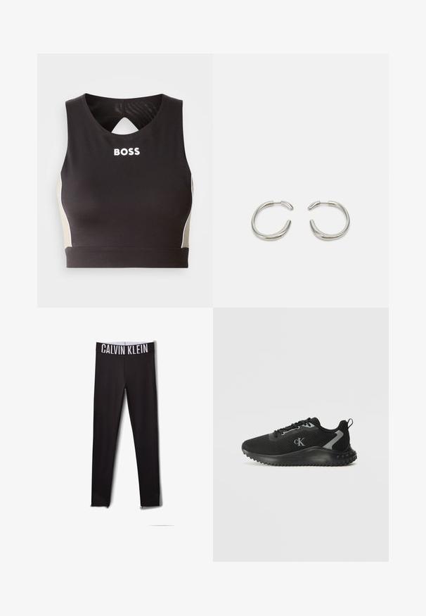 Top crop sport negru cu spate în formă de cheie, având inscripționată în alb cuvântul "BOSS" și accente bej pe laterale. Fabricat dintr-un material elastic și neted.; Leggings negre cu un logo alb "CALVIN KLEIN" pe talie. Material neted, design mulat, cu accente din plasă la glezne.; Adidași negri, cu talpă joasă, dintr-un material respirabil, cu șireturi, talpă texturată și logo-ul "cK" pe lateral.; Cercei din argint în formă de cerc, cu un design neted și rotunjit, având un finisaj lucios. Prezintă o formă minimalistică cu o ușoară deschidere.