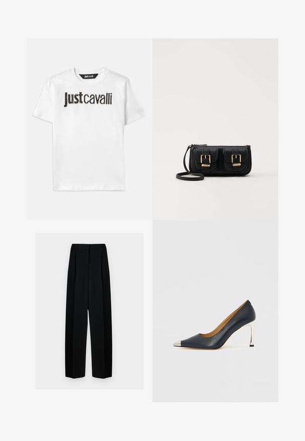 Hvit bomullst-skjorte med "Just Cavalli"-tekst i svart med teksturert overflate. Klassisk rund hals og korte ermer.; Svart vide bukser med høy livhøyde, med folder og en glatt tekstur. Stoffet virker lett og faller elegant.; Marineblå høyhælte skinnsko med spiss tå, som har en sølvfarget metallhatt og en blank sølvfarget stiletthæl.; Svart skinn crossbody veske med to frontlommer, gyldne spenner, glidelåslukking og en slank stropp. Teksturert overflate og kompakt rektangulær form.