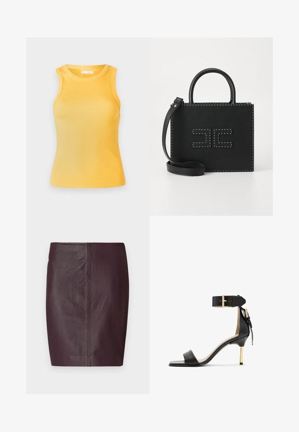 Żółty, prążkowany top bez rękawów z okrągłym dekoltem i dopasowanym fasonem. Gładka tekstura, minimalistyczny design i brak widocznych dodatków lub akcentów.; Ciemnoczerwona skórzana spódnica o gładkiej fakturze, dopasowanym kroju i prostym sylwetce. Charakteryzuje się minimalną ilością szwów i brakiem widocznych elementów metalowych.; Czarne skórzane sandały na obcasie z kwadratowym noskiem, pasek na kostkę z złotą klamrą oraz smukłym metalowym obcasem. Gładka tekstura, minimalistyczny design.; Elisabetta Franchi - Torebka