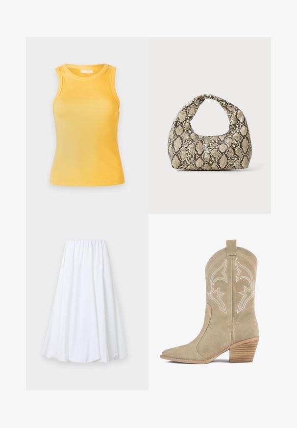 Kollane ribiga ilma varrukateta särk ümmarguse kaelusega ja istuva siluetiga. Sile tekstuur, minimaalne disain ja nähtamatud detailid või aktsendid.; Valge pahkluunini seelik, millel on elastne vöökoht, valmistatud kergest kangast, millel on sile tekstuur ja voolav siluett.; Beige suede cowboy-saapad terava nina, kaunistatud valgete tikanditega ja tahutud puidust kontsaga. Tagaküljel on tõmbetoot.; Musta käärmeprindiga kott kõveraga käepidemega. Valmistatud tekstiilsetest, beežidest ja pruunidest materjalidest, millel on iseloomulik rombikujuline muster.