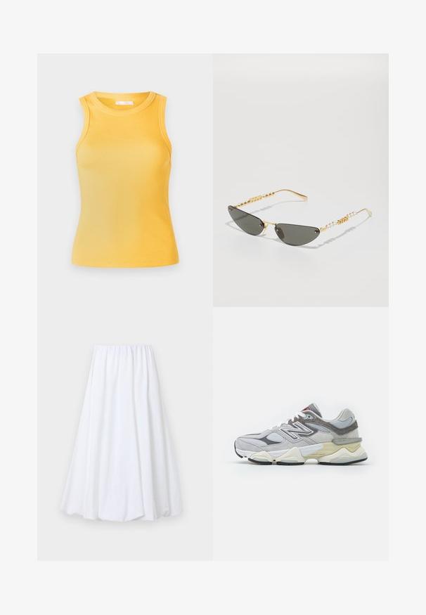 Gelbes, geripptes, ärmelloses Top mit Rundhalsausschnitt und taillierter Silhouette. Glatte Textur, minimalistisches Design und keine sichtbaren Hardware- oder Akzentdetails.; Weiße knöchellange Rock mit einem elastischen Bund, gefertigt aus leichtem Stoff mit glatter Textur und fließender Silhouette.; Graue Wildleder- und Mesh-Sneaker mit einer dicken weißen und beigen Sohle, ausgestattet mit einem auffälligen weißen Logo und roten Akzentdetails.; Sonnenbrille mit goldenem Rahmen und dunkelgrauen Gläsern. Einzigartige Katzenaugenform. Die Bügel sind mit abwechselnden goldenen Perlen und Perlenakzenten verziert.