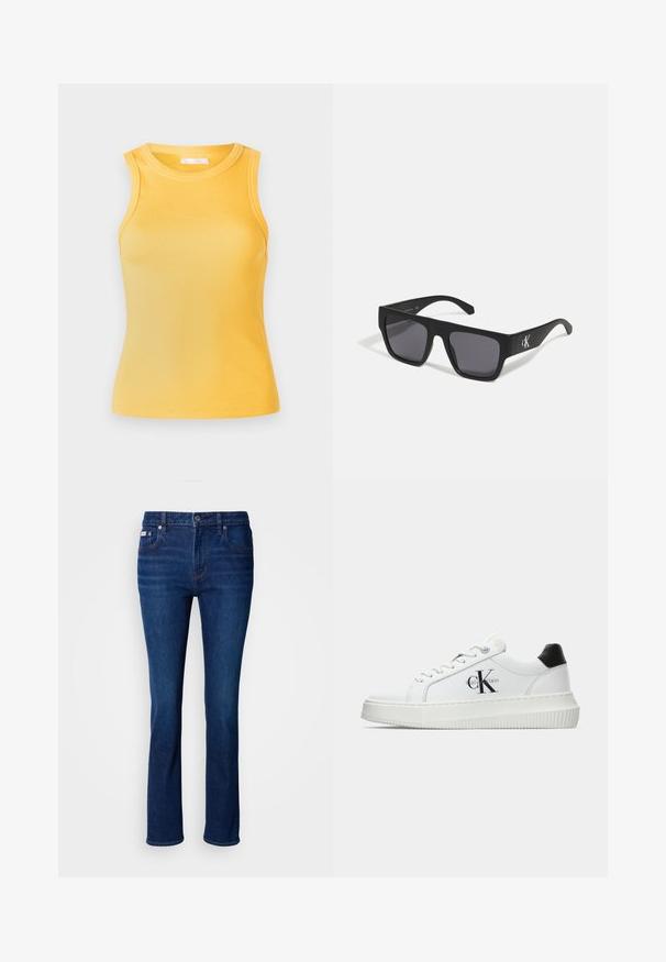 Gul ribbad ärmlös topp med rund halsringning och figurnära silhuett. Slät textur, minimalistisk design och inga synliga detaljer eller accenter.; Mörkblå denimjeans med rak passform, subtila blekningar, framfickor och en klassisk knäppning i midjan.; Vit lågtopp sneakers med svart hälflik, platåsål, snörning och Calvin Klein "CK" logotyp på sidan.; Svarta fyrkantiga solglasögon med matt yta och grå linser. Har en silverlogotyp på bågen. Hållbar plastbåge.; Svart läderklutch med rektangulär form, jämn yta, platt lockstängning och ett litet handtag på sidan. Har en diskret logotyp.