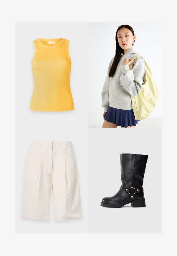 Top fără maneci de culoare galbenă, cu un decolteu rotund și o siluetă ajustată. Textură netedă, design minimalist și fără accesorii sau detalii vizibile.; Shorts din in cu fir alb, cu un design tailored, față pliată și deschideri largi pentru picioare. Textură netedă și lungime până la mijlocul coapsei.; Botă de piele neagră până la jumătatea gambei, cu toc masiv și curea decorativă ce prezintă o cataramă circulară aurie, pe un fundal alb.; Hanorac oversized gri cu buzunar tip kangaroo, asociat cu o fustă albă cu volane de culoare bleumarin. Accesoriu: rucsac mare de un galben deschis, cu textură netedă.