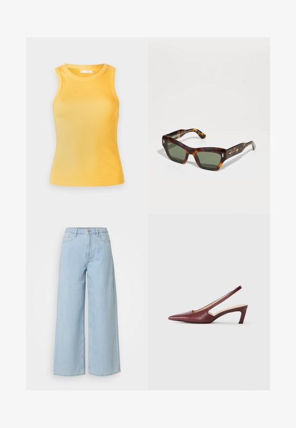 Žlutý žebrovaný top bez rukávů s kulatým výstřihem a vypasovaným střihem. Hladký materiál, minimalisticý design a žádné viditelné prvky nebo akcenty.; Světle modré džínové kalhoty s volnými nohavicemi, vybavené zapínáním na knoflík a zip, dvěma předními kapsami a čistě zakončeným lemem.; Vínové slingback podpatky s špičatou špičkou, výřezy na straně a středně vysokým blokovým podpatkem. Hladký kožený povrch.; Želvovinové sluneční brýle s obdélníkovými zelenými skly. Silný rám s zlatými akcenty na spáncích. Hladký povrch a ostrý design.