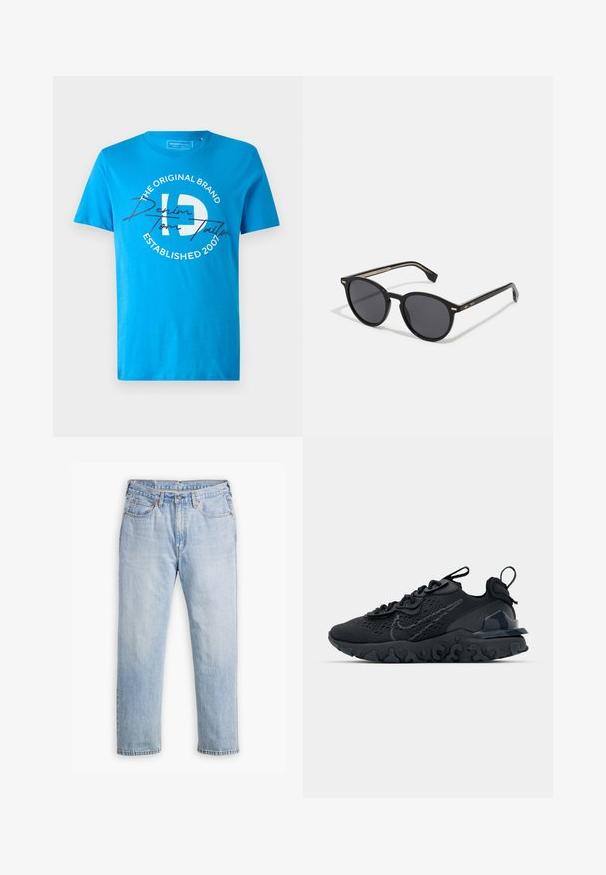 Zila kokvilnas t-kreklu ar īsām piedurknēm, apaļu kakla izgriezumu un centrālu grafiku ar uzrakstiem "Denim" un "Tom Tailor" kontrastējošās krāsās.; Gaiši zili džinsi ar taisnu kāju dizainu, piecu kabatu stilu un kontrastējošu diegu. Pogas un rāvējslēdzēja aizdare jostasvietā.; Melnas sporta kurpes ar elpojošu sieta augšdaļu, teksturētām akcentiem un viļņotu gumijas zoli. Iekļauj atstarojošu logotipu un šņorēšanas sistēmu.; BOSS Saulesbrilles - black