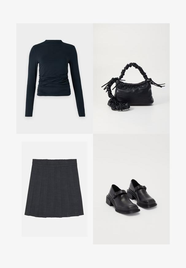 Černý top s dlouhým rukávem a vysokým límcem; má nabírané detaily po stranách; vyrobený z měkkého, elastického materiálu; hladká textury.; Tmavě šedá plisovaná sukně s elastickým pasem, vyrobená z texturované látky a s klasickým A-čkovým střihem. Vhodná pro každodenní nošení.; Černé kožené boty s kulatou špičkou, plochou podrážkou a páskem s detaily s přezkou. Masivní blokový podpatek pro zvýšenou stabilitu.; Černá kabelka z umělé kůže s krokodýlím vzorem, staženým vrškem a zmačkaným popruhem. Zdá se, že má měkký a kompaktní design.