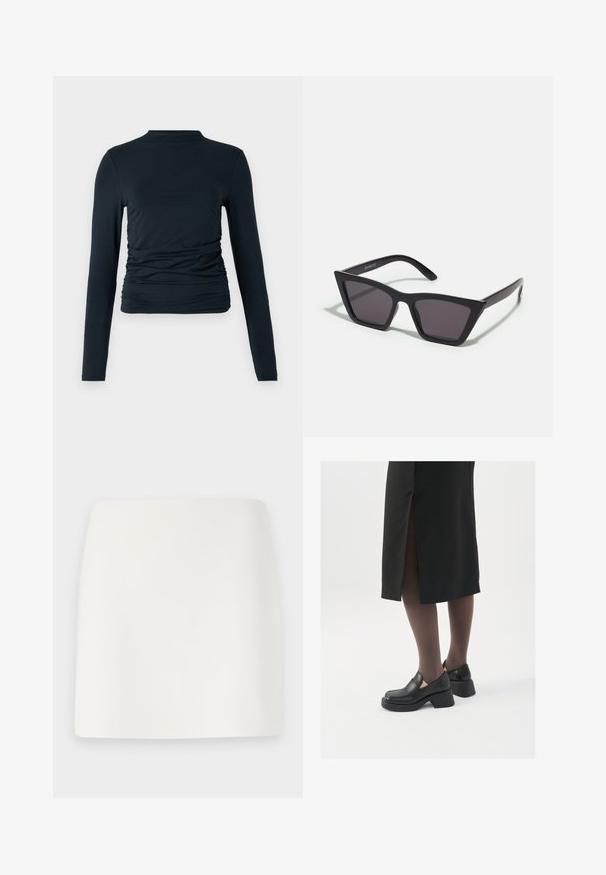 Zwarte top met lange mouwen en een opstaand kraagje; beschikt over geplooide details aan de zijkanten; gemaakt van een zachte, rekbare stof; gladde textuur.; Witte, getailleerde mini-jurk met een gladde textuur en strakke lijnen. Geen zichtbare patronen of hardware. Rechte zoom aan de onderkant.; Zwarte leren schoenen met een ronde neus, dikke blokhak en elastische zijkanten, gecombineerd met donkere panty's en een zwarte rok met een split.; Zwarte, hoekige zonnebril met grijze lenzen; gemaakt van plastic, met dikke armen met een gladde oppervlakte en zonder zichtbare hardware.; Zilveren creolen met een gedraaide ontwerp, voorzien van een gepolijste afwerking en een post-back sluiting. Meet ongeveer 3 cm in diameter.