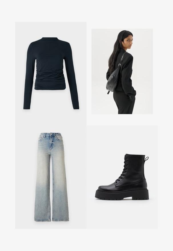 Hosszú ujjú fekete felső, állógallérral; oldalán ráncolt részletek találhatók; puha, rugalmas anyagból készült; sima textúrájú.; Világoskék, bő szárú farmernadrág, magas derékkal, öt zsebbel és látható varrással az illesztések mentén.; Fekete bőr bokacsizma, kerek orral, fűzős elülső résszel és vastag, texturált gumitalppal. Húzófül hátul.; Hosszú, sötét hajú nő fekete öltönyben, fekete bőrtáskával a vállán, a vállán át néz a fehér háttér előtt.; Ezüst karika fülbevalók csavart kialakítással, fényes felülettel és fülbevaló tűzáras zárással. Átmérőjük körülbelül 3 cm.