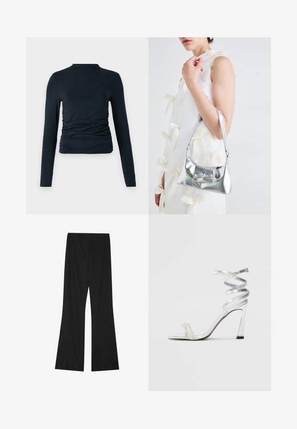 Melnā garo piedurkņu augšdaļa ar pudeļu kaklu; tiek piedāvāta ar savāktajām detaļām sānos; izgatavota no mīksta, elastīga materiāla; gluda tekstūra.; Melni platie bikses ar tekstūru, ar elastīgu jostu un brīvu piegriezumu, kas izstrādātas komfortam un vieglai kustībai.; Sudrabaini augstpapēžu sūna ar spīdīgu siksnu dizainu, kurā ir pērlēm līdzīgs akcents un spirālveida potītes siksna drošai pieguvei.; Sudraba metāla rokassoma ar struktūru formu, aprīkota ar augšējo rokturi un priekšpusē esošu loku. Gluda tekstūra, atstarojoša virsma.