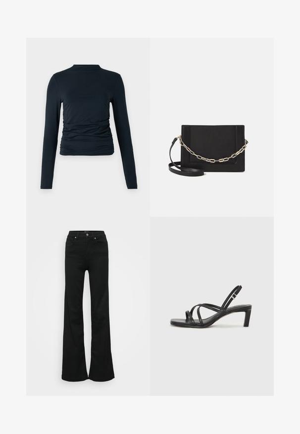 Črna majica s dolgimi rokavi in polovičnim ovratnikom; ima nabran detajl na straneh; izdelana iz mehkega, elastičnega materiala; gladka tekstura.; Črne razširjene kavbojke iz denima, z visokim pasom, petimi žepi in kovinskim gumbom za zapiranje. Gladka tekstura z minimalnimi detajli.; Črne natikače s trakovi in kvadratnim prstom ter nizkim blokastim peto. Imajo več tankih trakov in nastavljiv trak okoli gležnja. Narejene so iz gladkega usnja.; Črna usnjena torba čez ramo z gladko teksturo, pravokotno obliko in kovinskim verižnim detajlom spredaj. Vključena je nastavljiva naramnica.