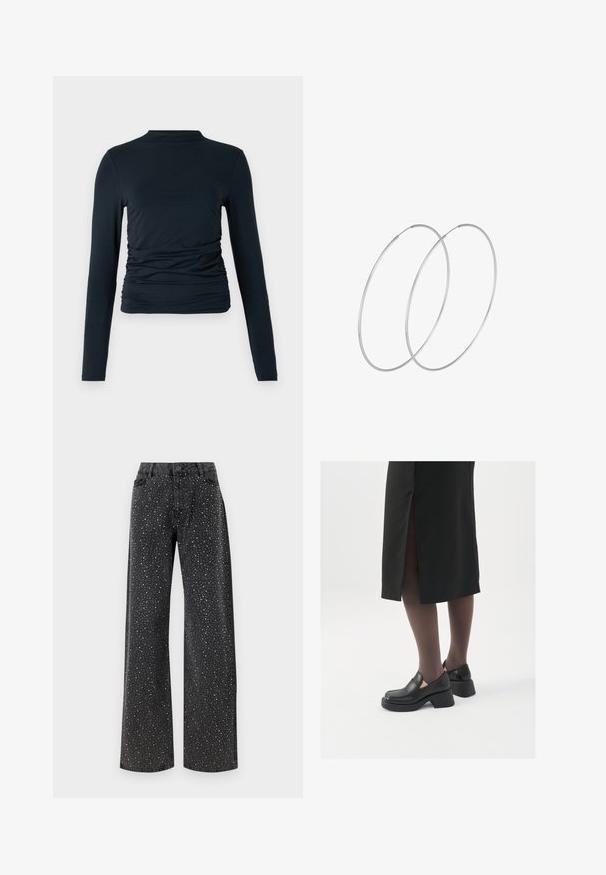 Ilgų rankovių juodas marškinėlis su apykakle; turi susiraukšlėjimus šoninėse dalyse; pagamintas iš minkštos, elastingos medžiagos; glotnus tekstūras.; Noisy May NMJANNEL LOOSE - Laisvo kirpimo džinsai - black denim; Juodos odinės bateliai su apvaliu nosiu, stora blokine pakulne ir elastingais šonais, derinami su tamsiomis pėdkelnėmis ir juoda sijonu su plyšiu.; Sidabrinės pusmėnulio auskarai minimalistiniu dizainu. Apskritimo forma, lygus paviršius ir plonas profilis. Lengvi su poliruotu apdailu.