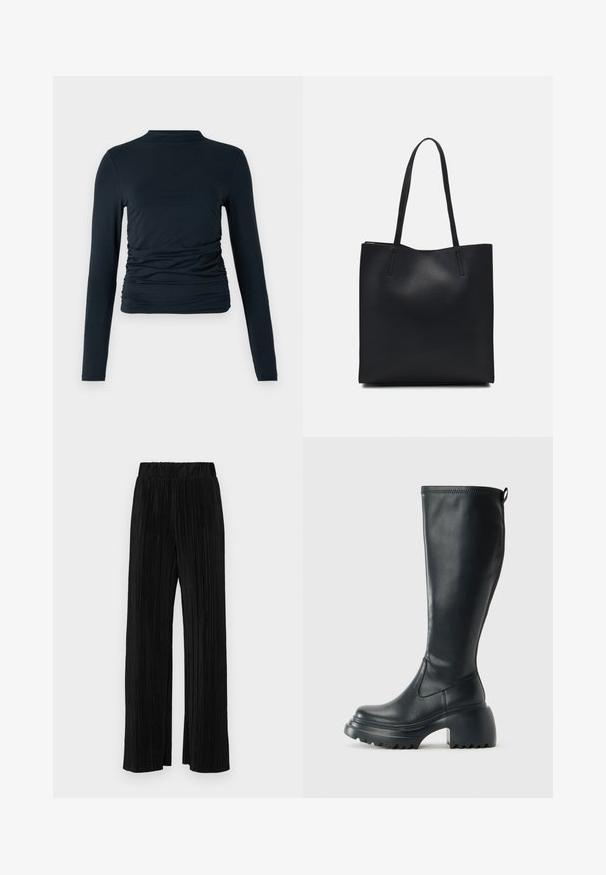 Ilgų rankovių juodas marškinėlis su apykakle; turi susiraukšlėjimus šoninėse dalyse; pagamintas iš minkštos, elastingos medžiagos; glotnus tekstūras.; Juodi plisuoti kelnės su elastine juosta. Turėkite plačias kojas ir glotnų, tekstūrinį audinį su vertikaliais dryžiais.; Ilgas juodos odinės batai su masyvi platforma ir stačiakampiu kulnu, turintys traukimo kilpą ir tekstūruotą pado raštą.; Juodas odinis tote krepšys su lygia tekstūra, stačiakampio formos ir dviem ilgais rankenomis. Matomų metalinių detalių ar puošybos nėra.