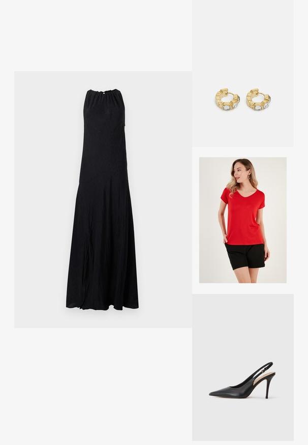 Punainen V-kaula-aukko T-paita pehmeästä kankaasta, jossa on lyhyet hihat, yhdistettynä mustiin shortseihin, joissa on rento istuvuus ja minimalistinen muotoilu.; Pinko AGNOLOTTO ABITO LOVE BIRDS UNITO - Maksimekko - nero limousine; Musta nahkainen slingback-korkokenkä, jossa on teräväkärkinen muotoilu, sileä pinta ja huolellinen hihna, jossa on metallikuva.; Mustan paljetti-minilaukku, jossa on solmittu teksturoidu hihna ja hopeaketju. Pyöreä muoto, joissa on rypistetty yläosa ja heijastava yksityiskohta.; Kultaiset ympyräkorvakorut, joissa on tekstiurakuviointi ja kolme kirkasta kristallikoristetta yhdellä puolella, tarjoavat modernin geometrisen estetiikan.