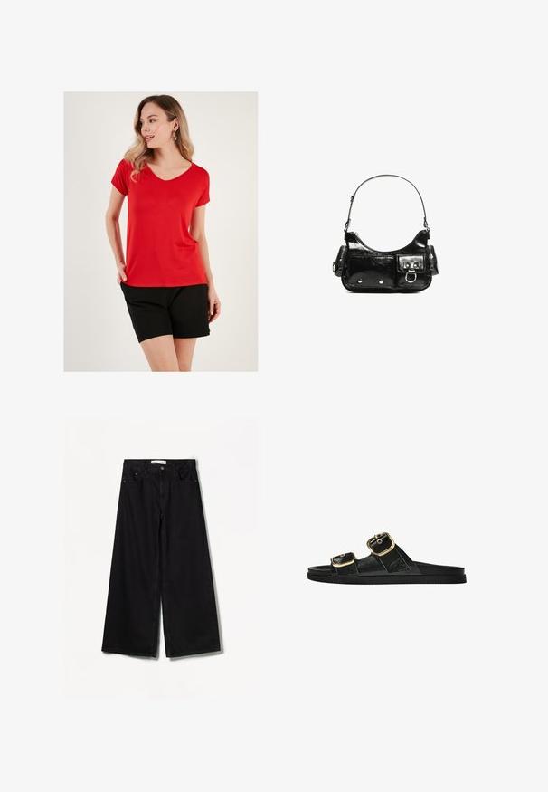 Rdeča majica s kratkimi rokavi v T-krogu iz mehkega materiala, v kombinaciji z črnimi kratkimi hlačami, ki imajo sproščen kroj in minimalističen dizajn.; Bershka WIDE-LEG - Široke hlačnice - black; Črne drsne sandale z dvema zlatima zaponkama, gladkega materiala, ravnim podplatom in minimalističnim dizajnom.; Črna lakasta usnjena torbica s ukrivljeno obliko, enim ramenskim trakom, sprednjimi žepi in srebrnimi kovinskimi dodatki.
