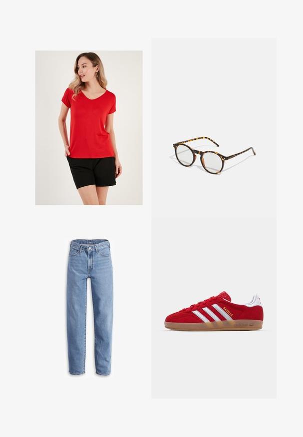 Raudona V formos kaklo marškinėliai iš švelnios medžiagos, su trumpomis rankovėmis, derinami su juodomis šortais, pasižymintys laisvu siluetu ir minimalizmo dizainu.; Šviesiai mėlyni džinsai iš džinsinio audinio, su laisvu kirpimu, tiesiomis kojomis, penkių kišenių dizainu ir nusidėvėjusiais kraštais, suteikiantys kasdienišką išvaizdą.; Raudoni zomšiniai kedai su baltu trimis dryžiais ir auksiniu „Gazelle“ tekstu. Turi guminį pado gumulėlį ir tekstūruotą kulną.; Apvalūs saulės akiniai su vėžlio kriauklės raštu ir skaidriais lęšiais. Yra storas, lengvas rėmas ir ploni šventyklos.