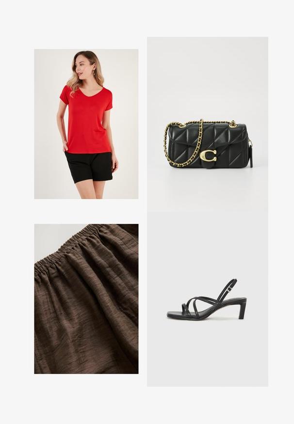 T-shirt rossa a V in morbido tessuto con maniche corte, abbinata a pantaloni corti neri, caratterizzata da una vestibilità rilassata e un design minimalista.; Tinta marrone con elastico in vita e tessuto testurizzato, caratterizzato da morbide pieghe stropicciate e una tonalità terrosa ricca. Adatto per l'abbigliamento casual.; Sandalo nero con cinturini, dalla punta squadrata e tacco basso a blocco. Presenta diversi cinturini sottili e una cinturini regolabile alla caviglia. Realizzato in pelle liscia.; Borsa a tracolla in pelle nera trapuntata con una catena dorata e un fermaglio a scatto con un accento circolare. Forma rettangolare compatta.; Mango Bracciale - gold-coloured