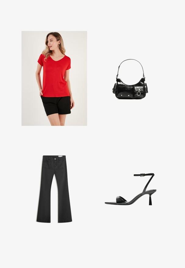 Red V-neck T-shirt in soft fabric with short sleeves, paired with black shorts, featuring a relaxed fit and minimalistic design.; Black flared jeans made of denim with a smooth texture, featuring two back pockets and a button closure at the waist.; Bershka High heeled sandals - black; Black patent leather handbag with a curved shape, one shoulder strap, front pockets, and silver-tone hardware accents.