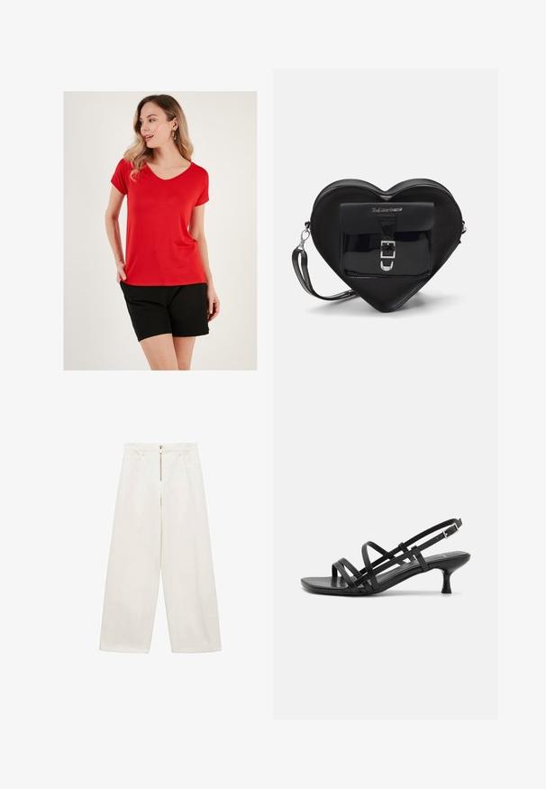 Rotes V-Ausschnitt-T-Shirt aus weichem Stoff mit kurzen Ärmeln, kombiniert mit schwarzen Shorts, die einen entspannten Schnitt und ein minimalistisches Design aufweisen.; Weite Hosen aus off-weißem Baumwollstoff. Mit einem Reißverschluss vorne und zwei Eingrifftaschen. Glatte Textur und lockerer Schnitt.; Schwarze High Heels Sandalen mit mehreren überkreuzten Riemen. Glattes Material, spitze Zehenpartie und schmaler Absatz. Verstellbarer Knöchelriemen mit Schnalle.; Schwarze, herzförmige Tasche aus Lackleder mit einer Vordertasche, die über einen Schnallenverschluss verfügt, sowie einem abnehmbaren Trageriemen. Silberne Hardware-Details.; Goldene Creolen mit einer glatten, glänzenden Oberfläche. Zirkuläres Design mit einem kleinen Stecker und einer klaren Rückseite für einen sicheren Sitz.