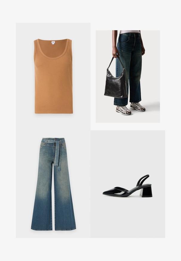 Hnedý rebrovaný top bez rukávov s hlbokým výstrihom, ktorý má mäkkú textúru a žiadne viditeľné logá ani vzory. Čistý a jednoduchý dizajn.; Džínsy s širokými nohavicami, ktoré majú prechod od svetlomodrej po tmavomodrú, vysoký pás, pútka na opasok a opasok z rovnakého materiálu. Textúrovaný denimový povrch.; Čierne lakované kožené sandálové podpätky s špicatou špičkou a geometrickým blokovým podpätkom. Disponujú elegantným, minimalistickým dizajnom a hladkým povrchom.; Čierna kožená taška cez rameno s hladkou textúrou a nastaviteľným popruhom, skombinovaná s vyblednutými širokými džínsy a športovými teniskami.