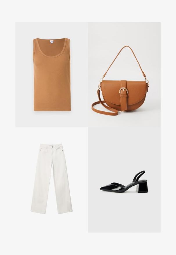 Rjava rebrasta majica brez rokavov s potopljenim ovratnikom, ki se ponaša z mehkobo in brez vidnih logotipov ali vzorcev. Čist in preprost dizajn.; Beli široki trapezni kavbojke iz denima, ki imajo visok pas, dizajn s petimi žepi in kovinsko zapiranje. Gladka tekstura, brez vzorcev.; Črne lakirane slingback pete s koničastim nosom in geometrijsko blokasto peto. Imajo eleganten, minimalističen dizajn in gladko teksturo.; Rjava usnjena torbica prek telesa s ukrivljeno obliko, zlate opreme in sponko. Ima odstranljiv naramni trak.