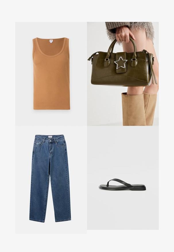 Brown ribbed tank top with a scoop neckline, featuring a soft texture and no visible logos or patterns. Clean and simple design.; Classic blue denim jeans with a straight-leg design, five pockets, and a button closure. Features a medium wash and sturdy texture.; Black flip-flop made of smooth leather, featuring a thin strap design and a flat sole with a minimal profile. No notable patterns or accents.; Olive green faux leather handbag with silver star accent, dual handles, and a zip closure. Textured surface and structured shape.