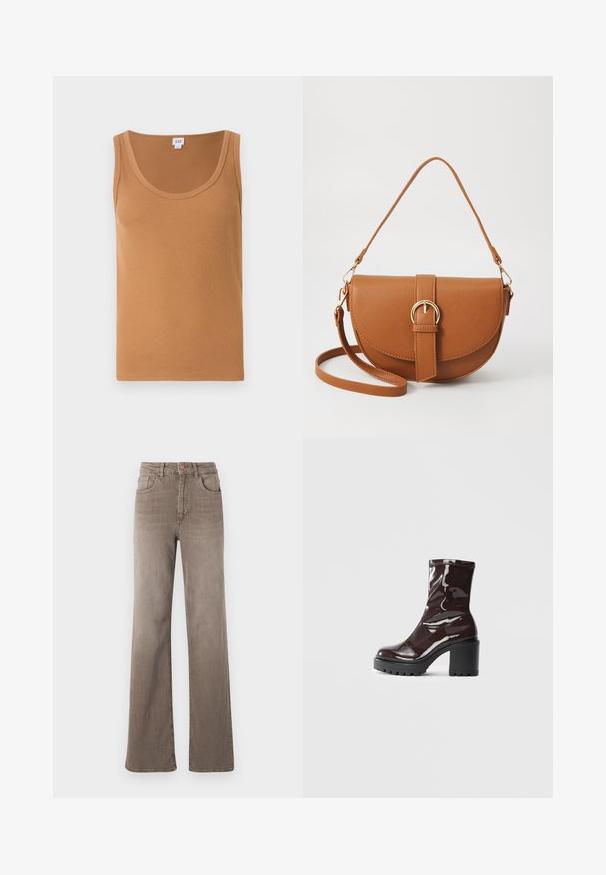 Smeđi rebrasti top bez rukava s okruglim izrezom, koji se odlikuje mekanom teksturom i bez vidljivih logotipa ili uzoraka. Čist i jednostavan dizajn.; Smeđe traperice visokog struka ravnog kroja s prednjim gumbom, petljama za pojas i klasičnim dizajnom od pet džepova na bijeloj pozadini.; Sjajna burgundska čizma do gležnja s debelim crnim potplatom, koja se odlikuje glatkom teksturom i jednostavnim dizajnom. Nema vidljivih kopčanja ili uzoraka.; Smeđa kožna torba preko tijela s zakrivljenim oblikom, zlatnim metalnim detaljima i naglaskom na kopču. Ima odvojivu naramenicu.