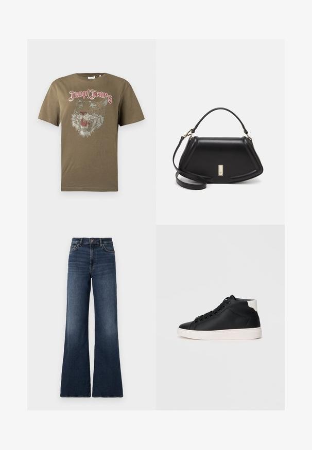Olive green short-sleeve T-shirt with rhinestone tiger face design and "Joop! Jeans" text in red gothic font on front.; Wide-leg dark blue denim jeans with a high waist. Features classic five-pocket design and subtle fading on the thighs. Metal button closure.; Black high-top sneaker made of smooth leather with white rubber sole, featuring round laces, a padded collar, and a contrasting heel accent.; Black leather handbag with a structured design, featuring a cropped shape, top handle, and gold hardware accent. Adjustable shoulder strap included.