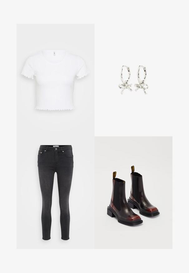 Biały prążkowany krótki top z krótkimi rękawami, z okrągłym dekoltem i falbaniastymi krawędziami rękawów oraz dołu. Gładka faktura.; Czarne slim fit dżinsy wykonane z denimu. Posiadają zapięcie na guzik z przodu oraz zapinaną na zamek kieszeń w pasie. Gładka tekstura z minimalnym blaknięciem.; Dr. Martens MAYBOLE CHELSEA ciemnoczerwony; Srebrne kolczyki koła z motywem kokardy, o gładkim wykończeniu i polerowanej fakturze. Kompaktowy, minimalistyczny styl odpowiedni na różne okazje.