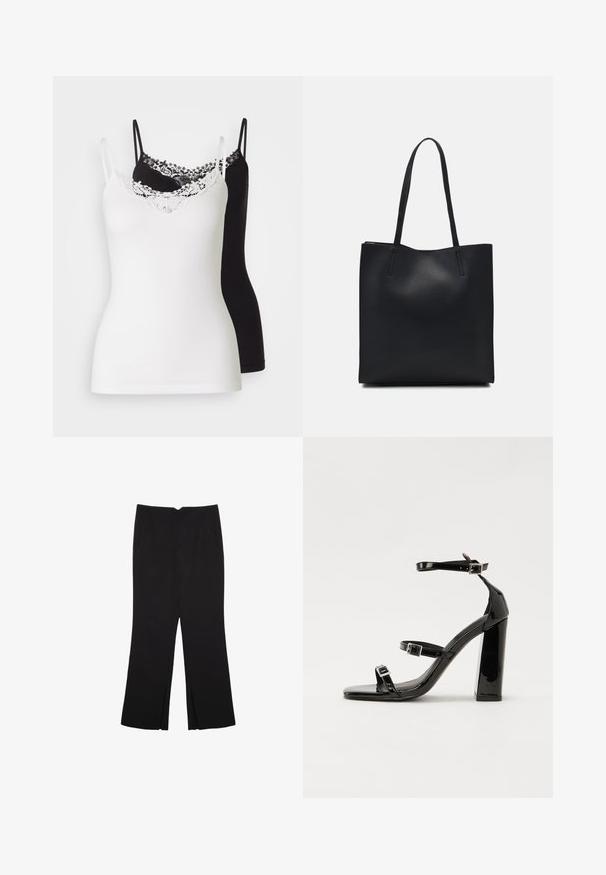 To camisole-toppe, en hvid og en sort, med justerbare stropper. Den hvide top har en spids blondekant langs udskæringen. Glat tekstur.; Sorte bukser med lige pasform, der har frontlommer og slidser i kanten. Lavet af blødt, glat stof. Velegnet til forskellige anledninger.; Sorte patenterede hælsandaler med firkantet tå, ankelremme og sølvspænder. Har en chunky blokHæl for stabilitet.; Sort læder tote taske med glat tekstur, rektangulær form og to lange hanke. Ingen synlig hardware eller udsmykninger.