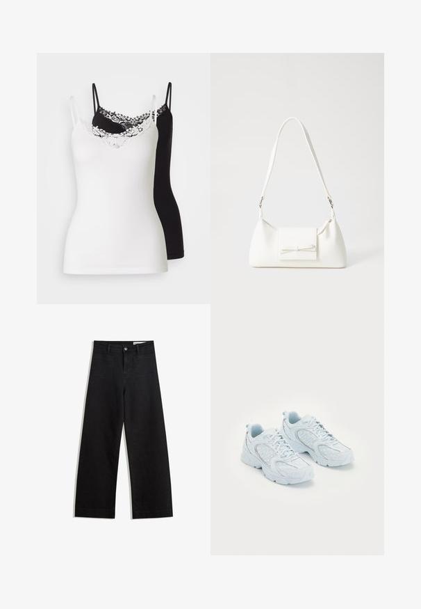 Two camisole tops, one white and one black, with adjustable straps. The white top features a lace trim along the neckline. Smooth texture.; Black wide-leg denim pants with a high waist, featuring front and back pockets, stitched seams, and a button closure. Smooth texture.; Light blue athletic shoes with a mesh and synthetic upper, featuring white polka dots and reflective accents, lace-up design, and cushioned soles.; White synthetic handbag with a triangular shape, flat front flap and bow detail, adjustable strap, smooth texture, and minimalistic design.