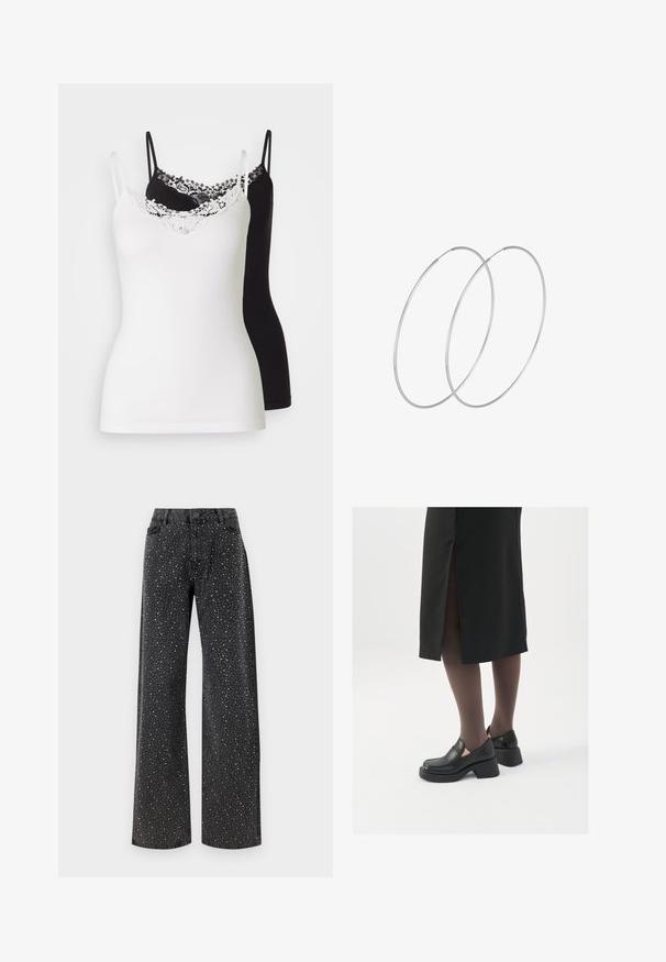 Två kjoltoppar, en vit och en svart, med justerbara axelband. Den vita toppen har en spetsdetalj längs halsringningen. Slen yta.; Noisy May NMJANNEL LOOSE - Jeans relaxed fit - black denim; Svarta läderskor med rund tå, tjock klack utan häl och elastiska sidodetaljer, kombinerat med mörka strumpbyxor och en svart kjol med slits.; Silverfärgade hoopörhängen med en minimalistisk design. Cirkulär form, slät yta och tunn profil. Lätta med en polerad finish.