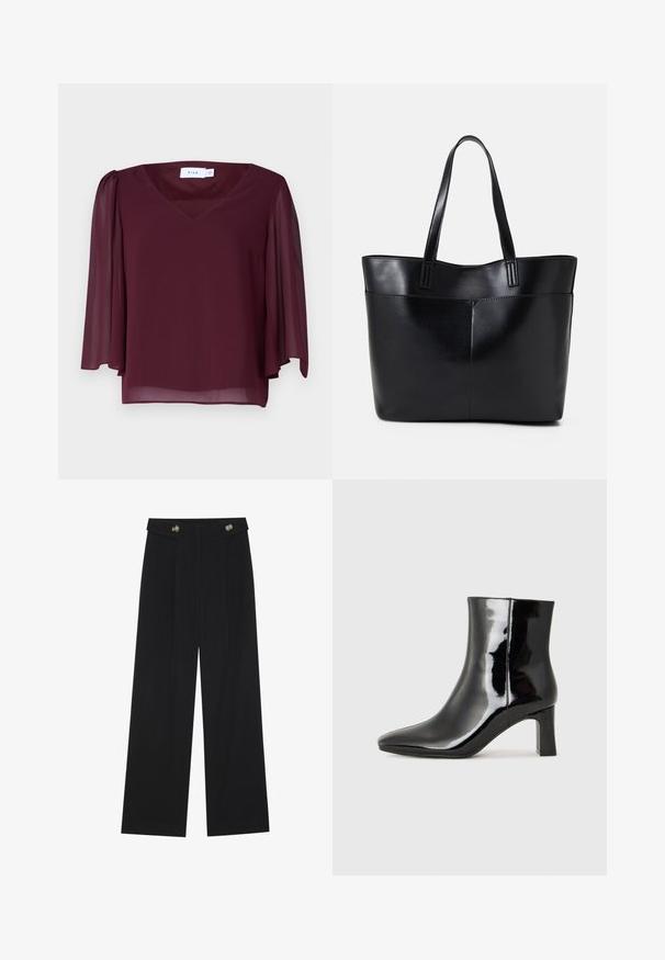 Burgundiškai raudona palaidinė su V formos dekolte, permatomomis trumpomis rankovėmis ir laisvu siluetu. Pagaminta iš lengvos medžiagos, turinčios plazdėjimo tekstūrą.; Juodi plačios kojos kelnės su aukštu liemeniu, sagų detalėmis ant liemens ir priekinėmis raukšlėmis.; Juodos lakuotos odinės aulinukės su smailiu pirštu ir vidutinio aukščio blokuotu kulnu. Lygus paviršius ir minimalistinis dizainas.; Juoda odinė rankinė su dviem ilgais diržais, lygiu paviršiumi ir struktūrizuota forma. Yra priekinė kišenė papildomam saugojimui.